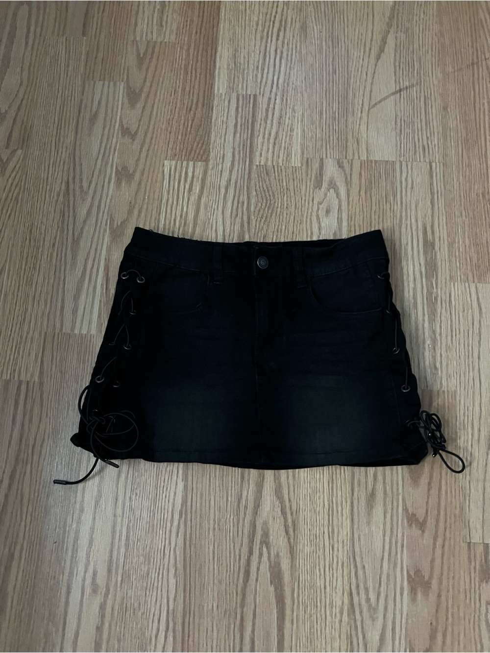 Black Lace-Up Denim Mini Skirt